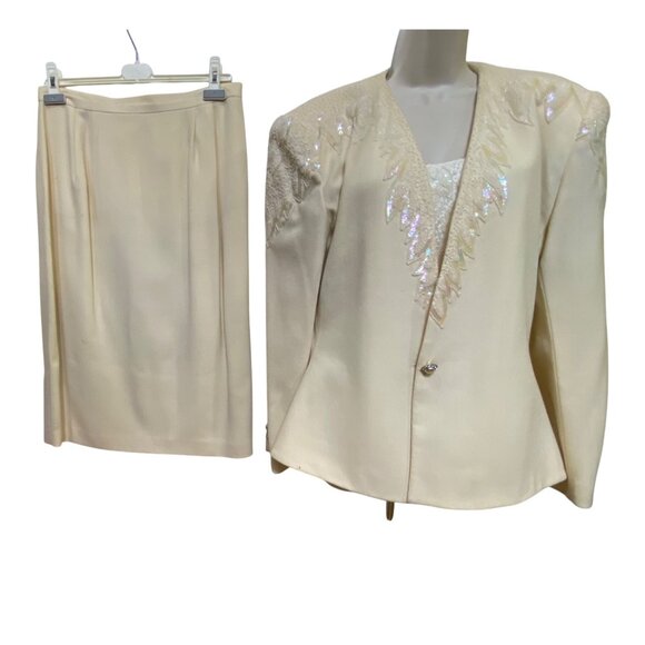 Vintage Nolan Miller 3-Piece Cream Skirt Suit Set Beaded Jacket Size 14 Eighties - Picture 1 of 10